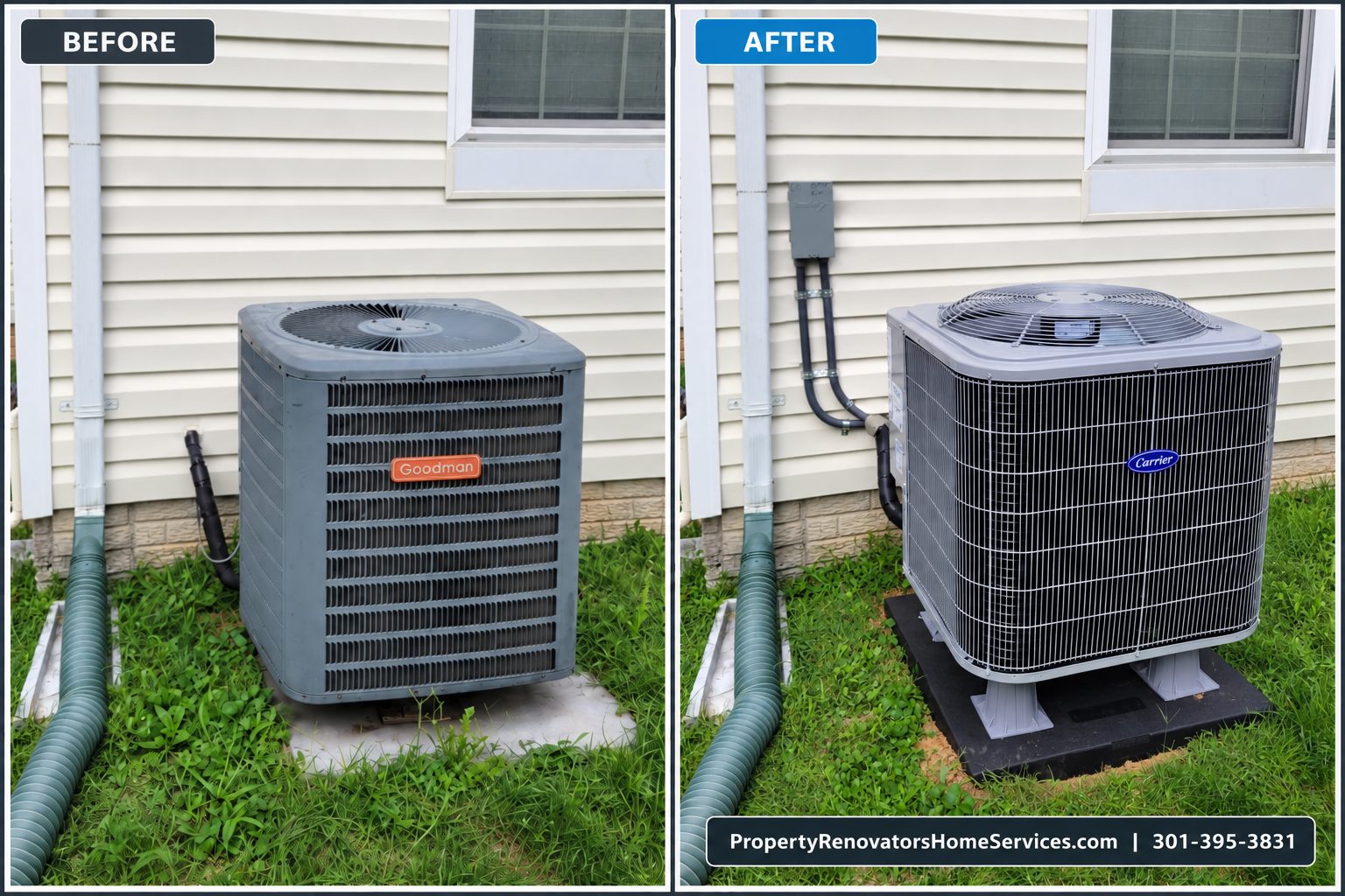 Side-by-side images of outdoor air conditioning equipment beside a home